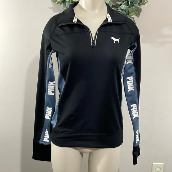 NWOT PINK Victoria’s Secret Ultimate Quarter Zip Pullover Logos Top XS - Picture 1 of 16